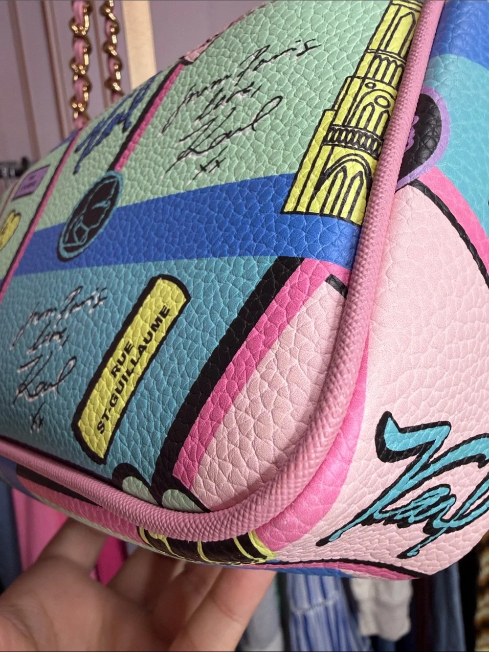 Karl Lagerfeld Paris Quilted Paris Print Chain Shoulder Bag Pink Blue Crossbody